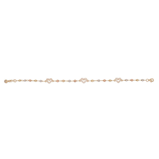 14k Tri Color Gold Hearts and Beads Dainty Bracelet