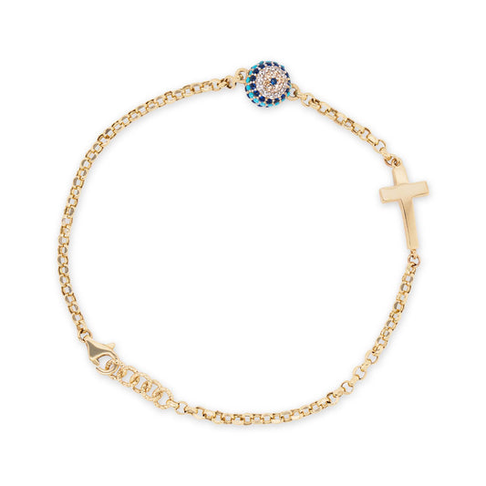 14k Yellow Gold Evil Eye and Plain Cross Bracelet