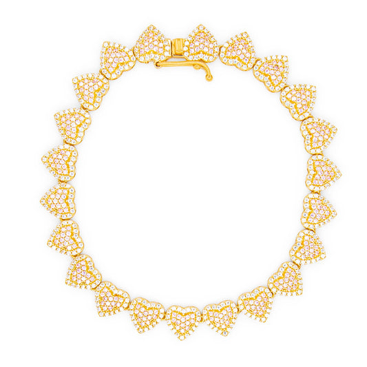 14k Yellow Gold MP CZ Pink Hearts Tennis Bracelet