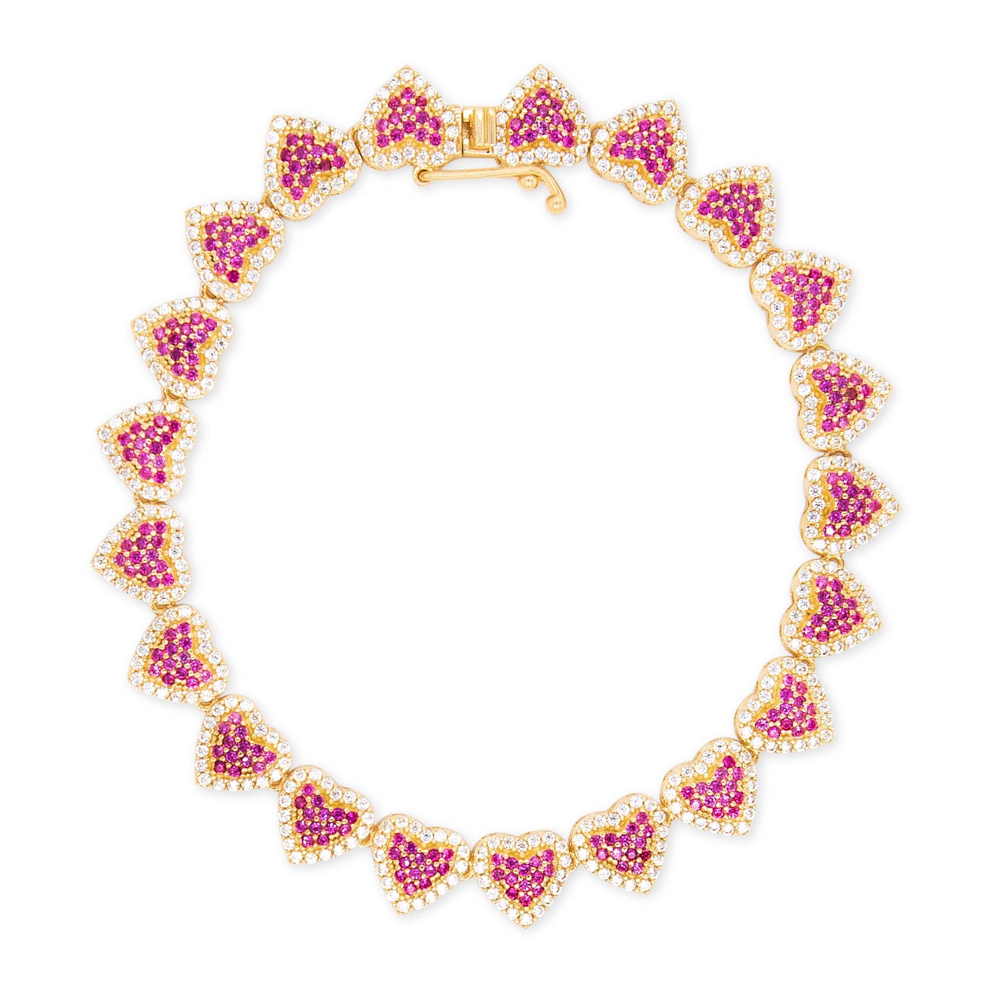 14k Yellow Gold MP CZ Red Hearts Tennis Bracelet