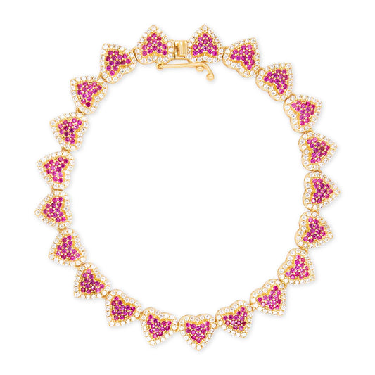 14k Yellow Gold MP CZ Red Hearts Tennis Bracelet