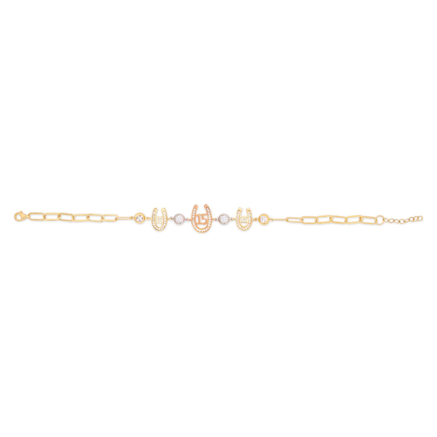 14k Tri Color Gold Lucky Horseshoe 15 años Bracelet