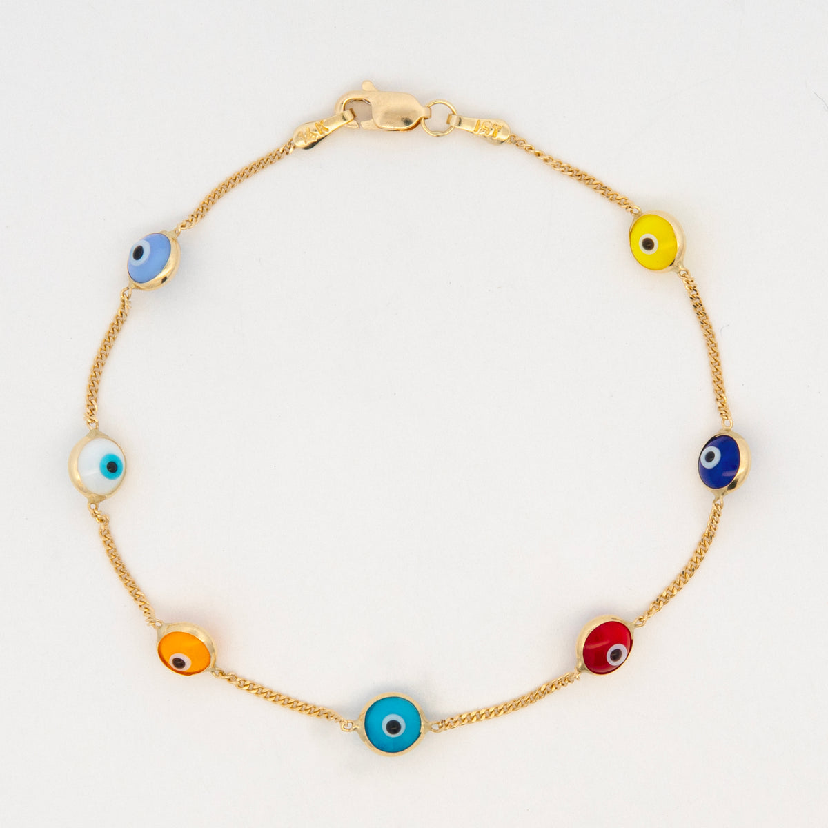 14K Yellow Gold Acrylic Multi-Color Evil Eye Bracelet