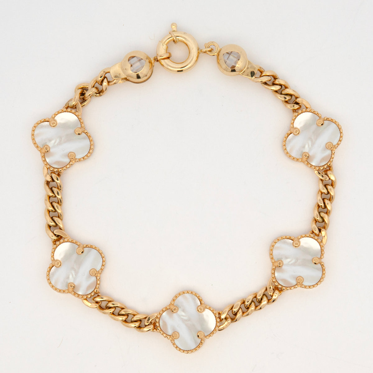 14K Yellow Gold Mother of Pearl Clover Station Bracelet