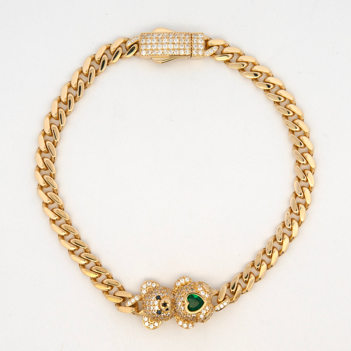 14K Yellow Gold Cuban Link Teddy Bear with Green CZ Center Bracelet