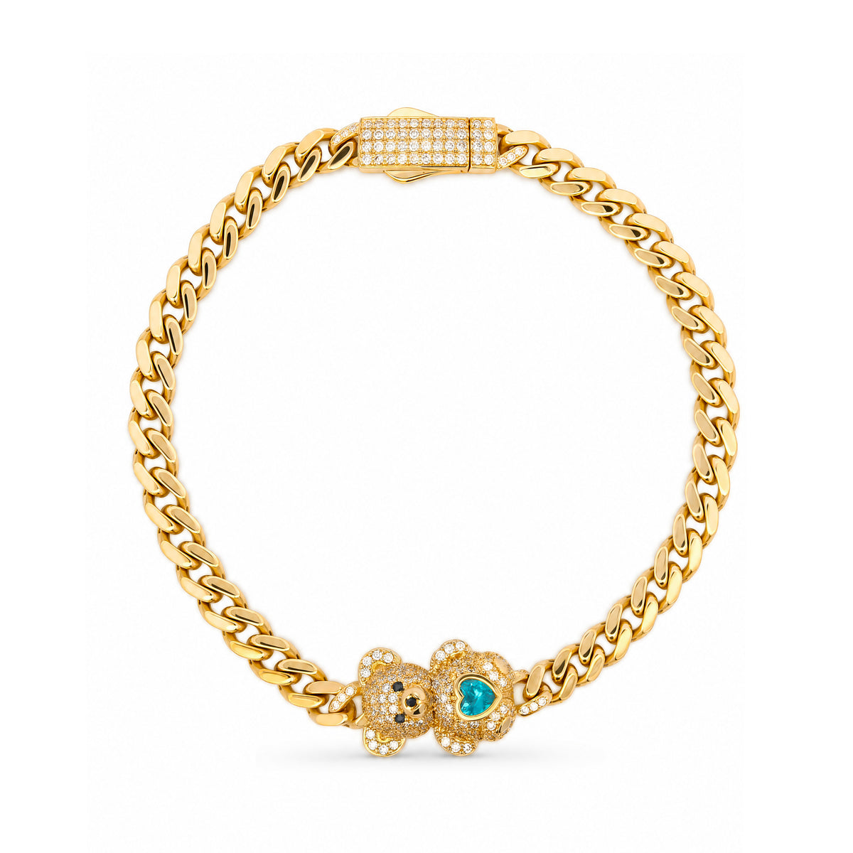 14K Yellow Gold Cuban Link Teddy Bear with Light Blue CZ Center Bracelet
