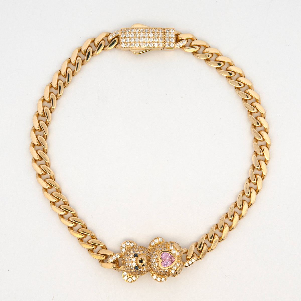 14K Yellow Gold Cuban Link Teddy Bear with Pink CZ Center Bracelet