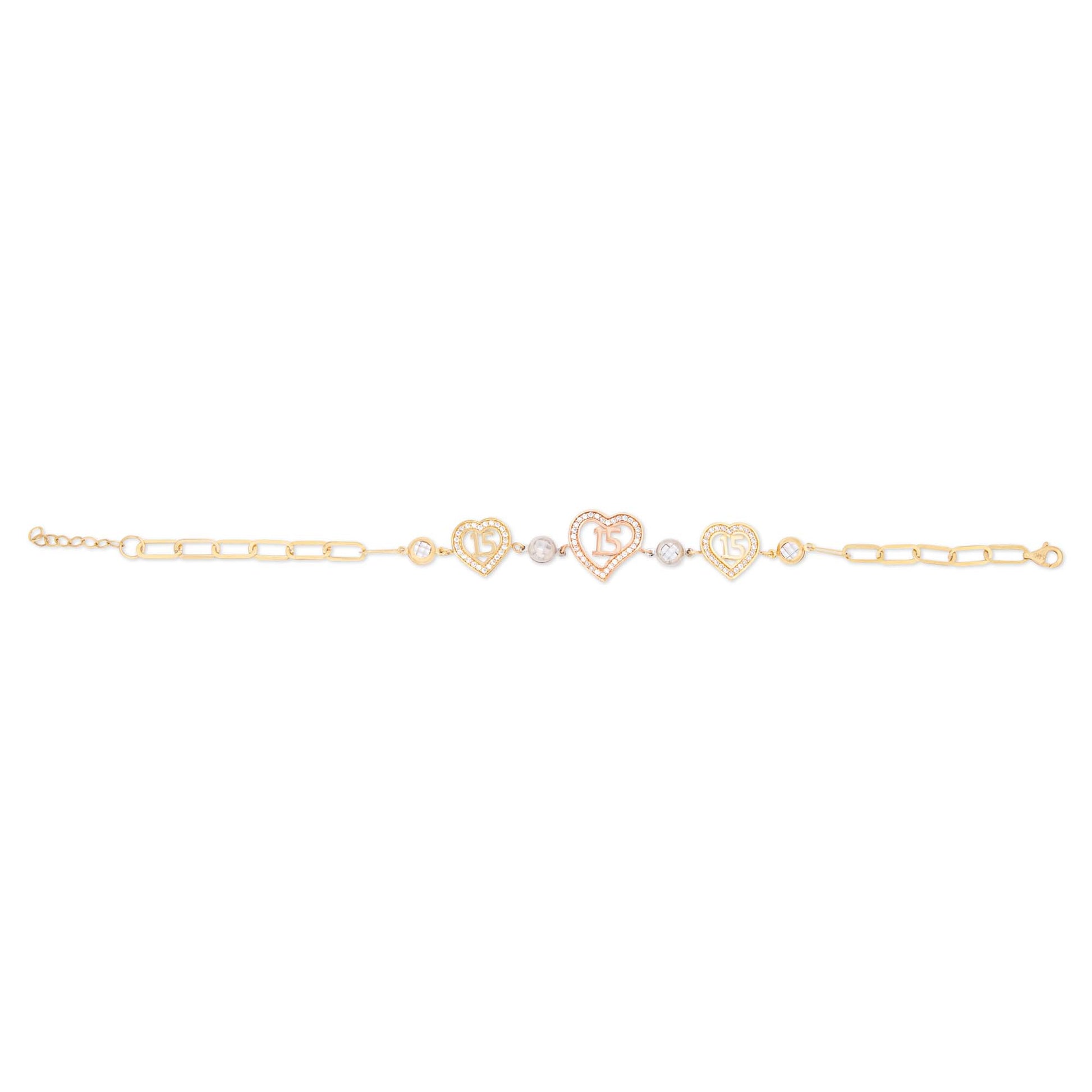 14k Tri Color Gold Triple Heart 15 años Bracelet