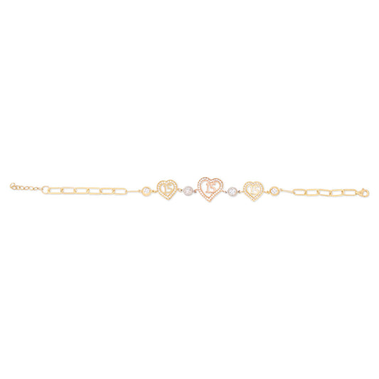 14k Tri Color Gold Triple Heart 15 años Bracelet