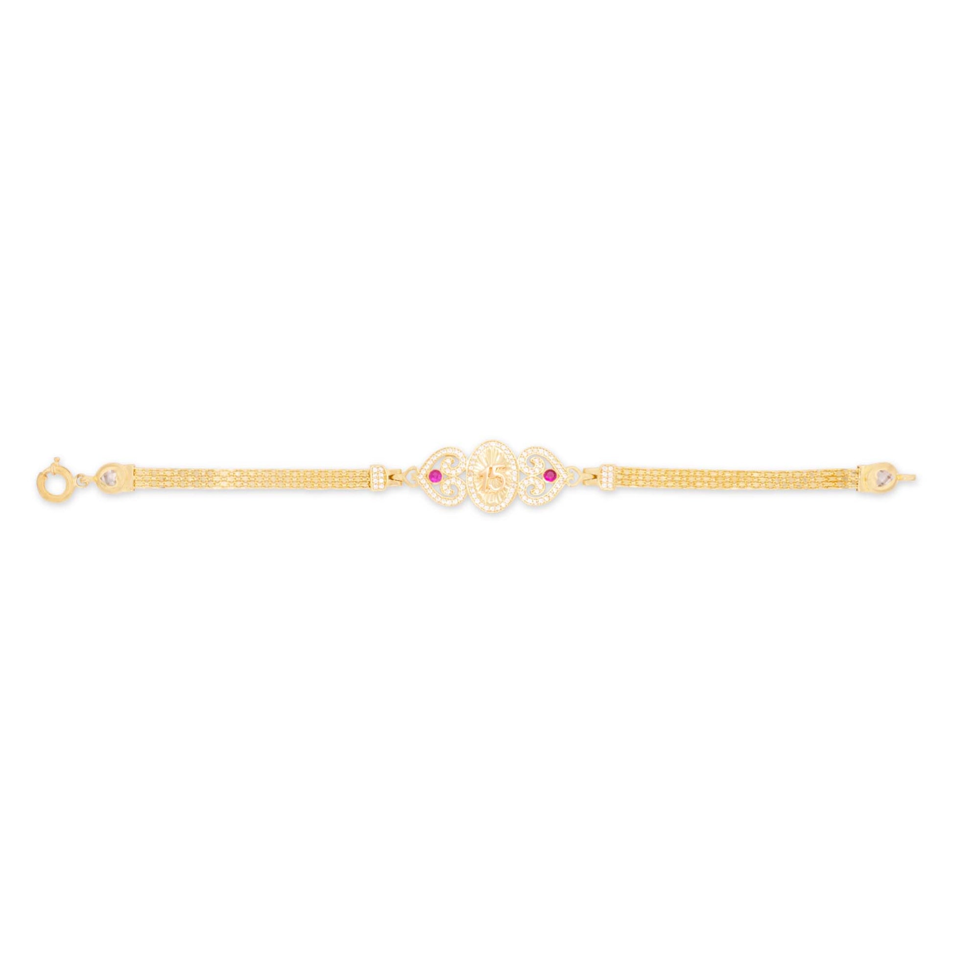 14k Yellow Gold Hearts and Oval 15 años Bracelet