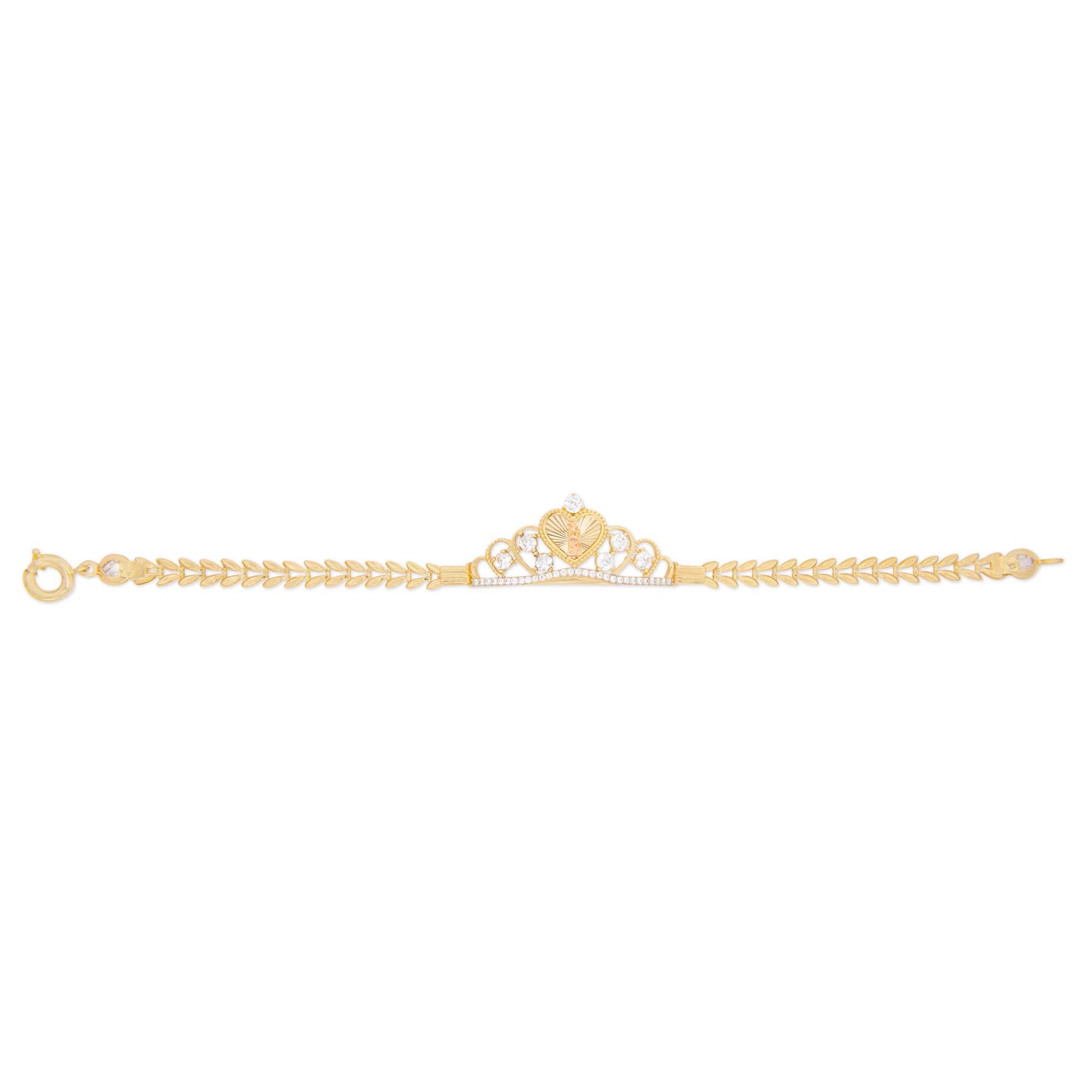 14k Yellow Gold White CZ Virgen Maria Crown Bracelet