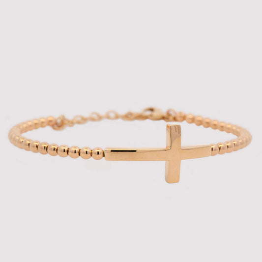 14K Yellow Gold Sideways Cross Beaded Bracelet