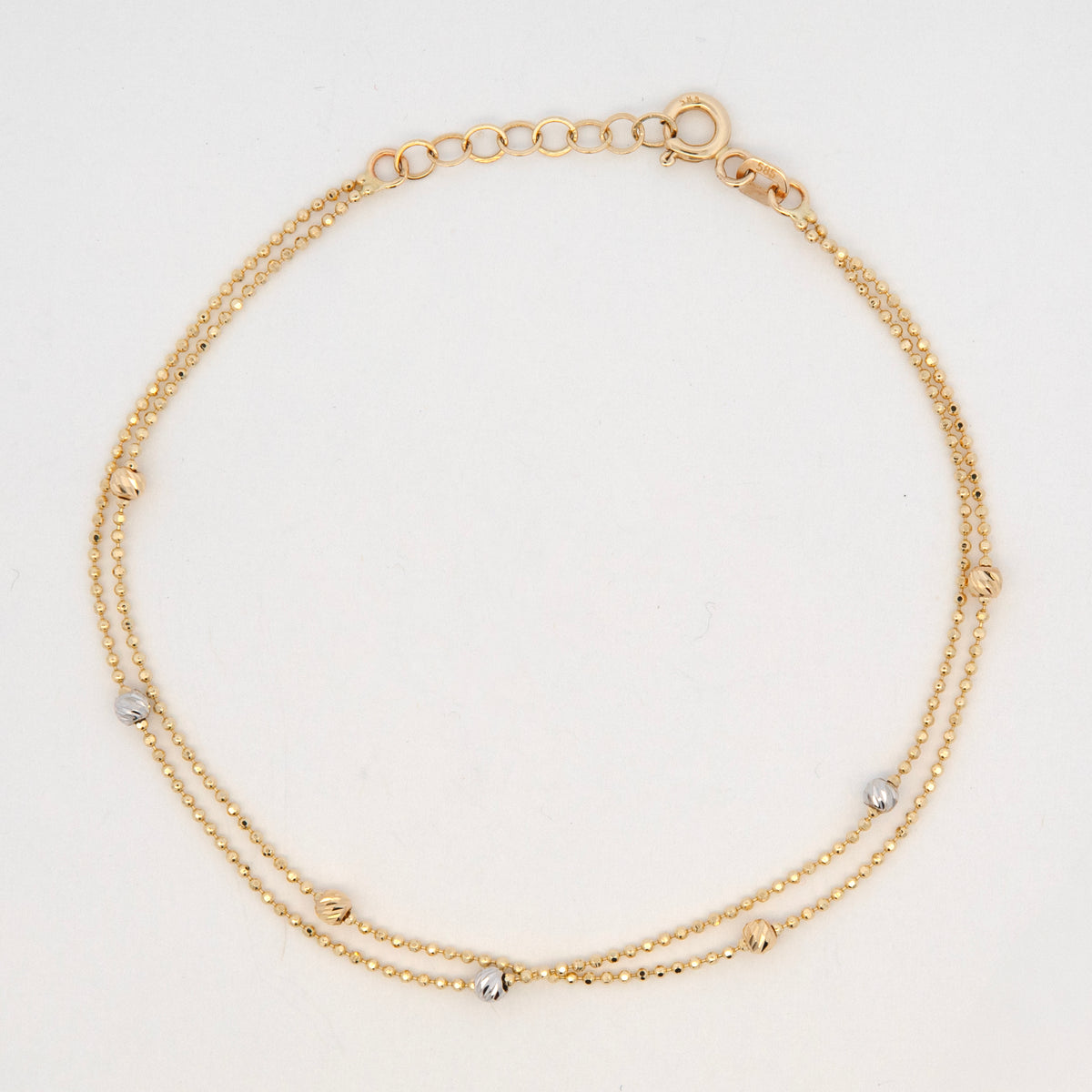 14K Two Tones Gold Double Strand Textured Bead Station Women's Bracelet