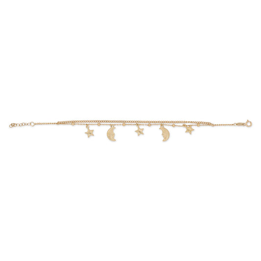14k Yellow Gold Dangling Moon and Stars Layered Bracelet
