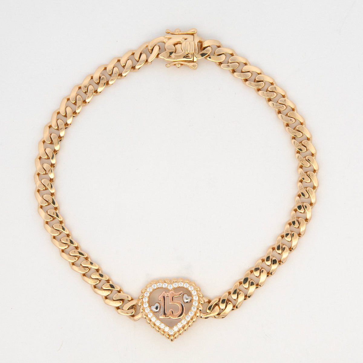 14K Tri Color Gold CZ 15 Anos Open Heart Cuban Link Women's Bracelet