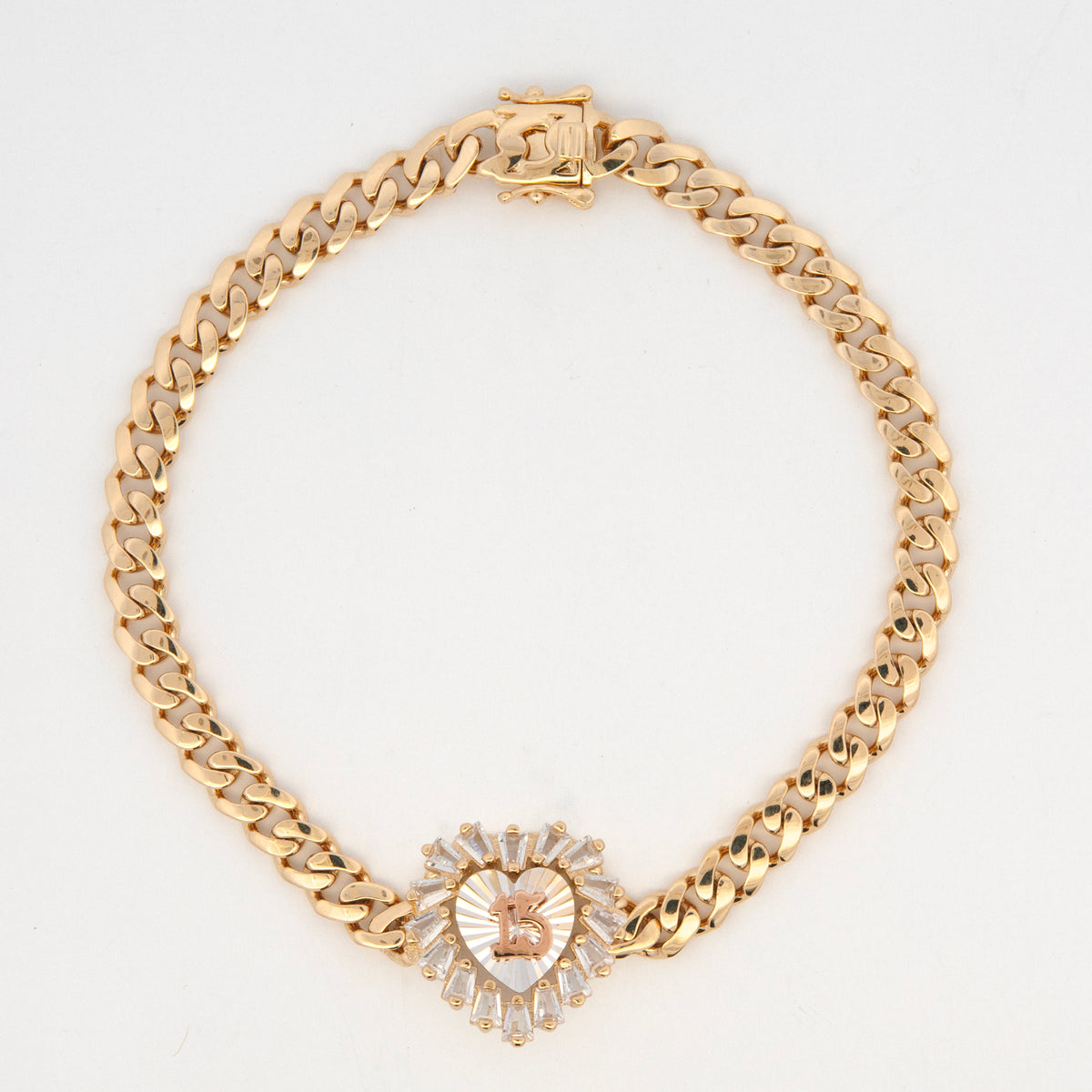 14K Tri Color Gold CZ Heart Cuban Link Women's Bracelet
