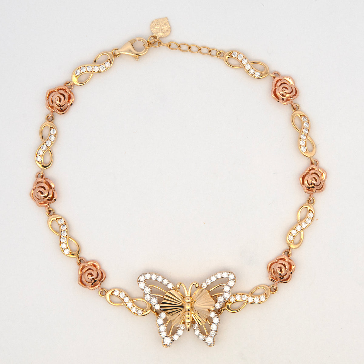 14K Yellow Gold CZ Open Butterfly Rose Infinity Link Bracelet