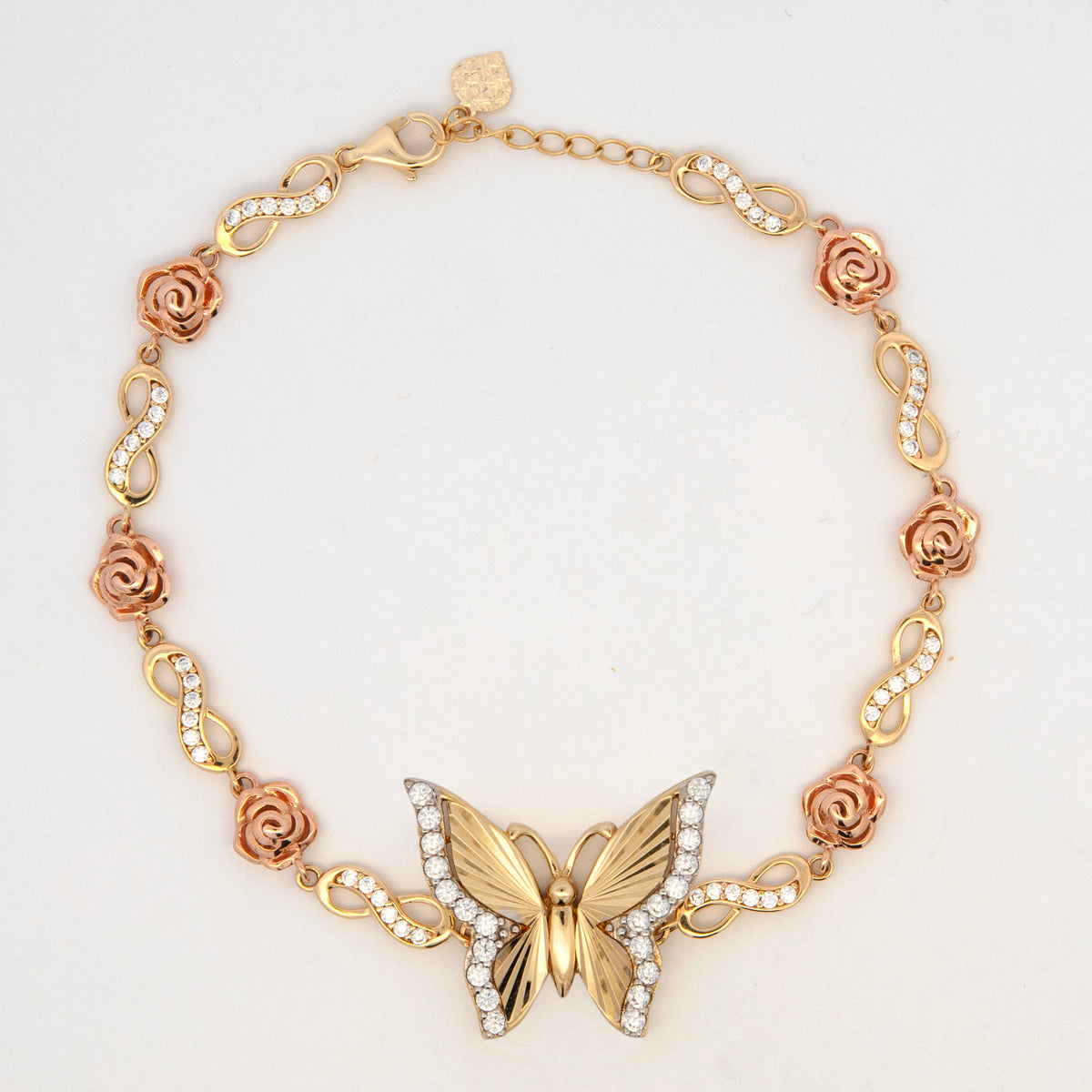 14K Yellow Gold CZ Detailed Butterfly Rose Infinity Link Bracelet