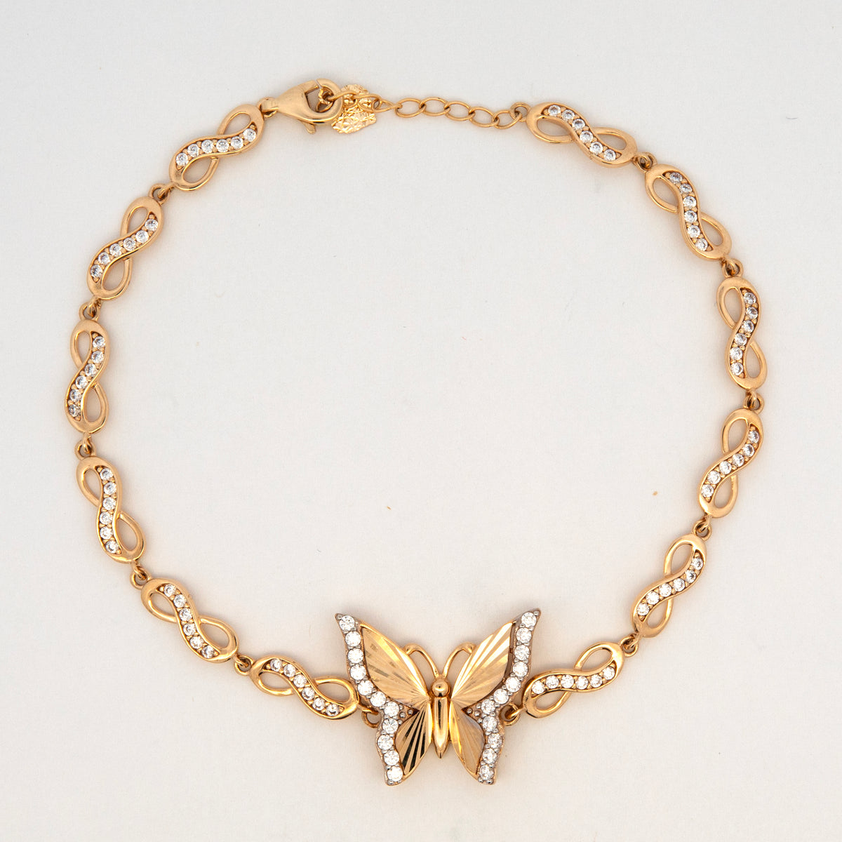 14K Yellow Gold CZ Textured Butterfly Infinity Bracelet