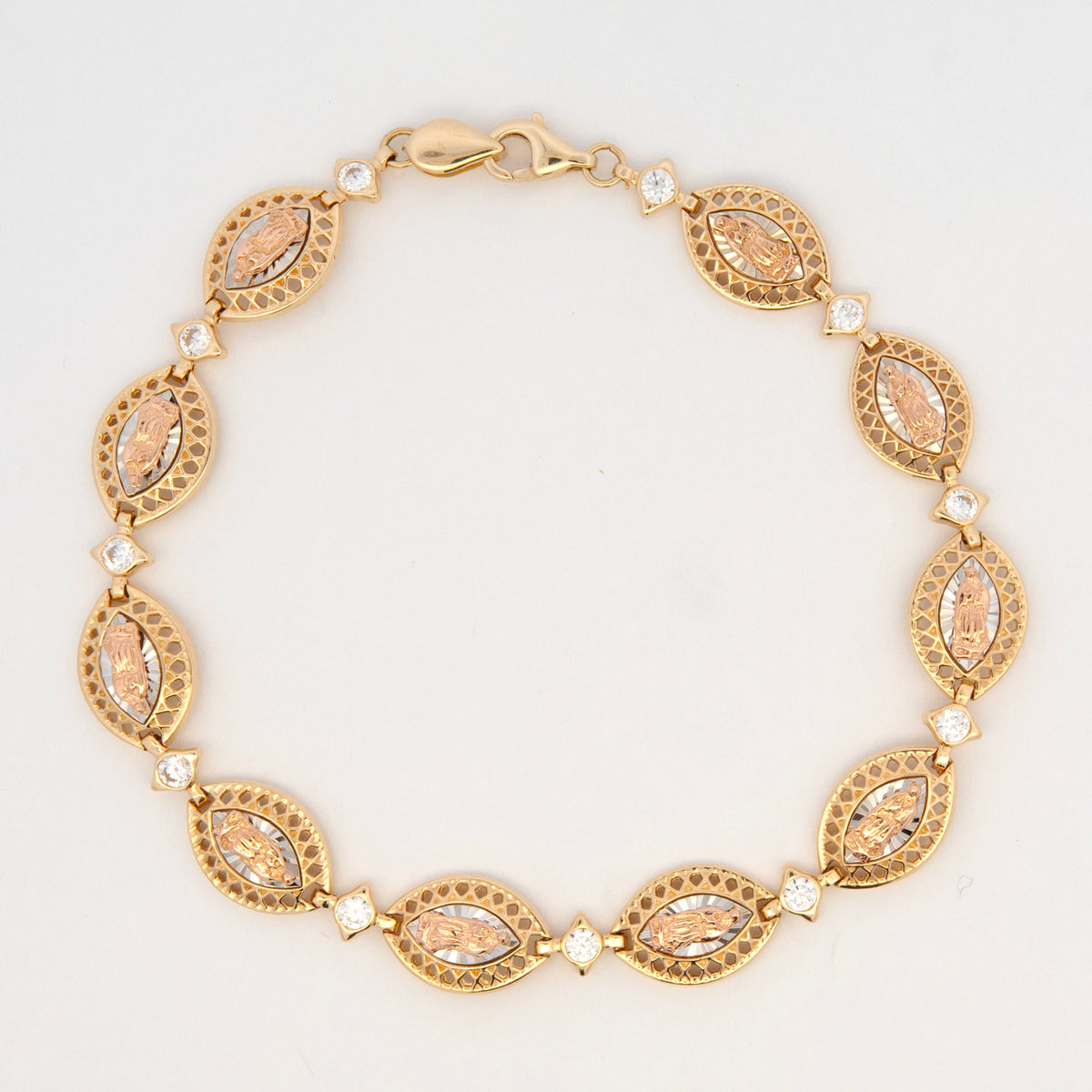 14K Tri-Color Gold Virgin Maria Marquise Link Bracelet