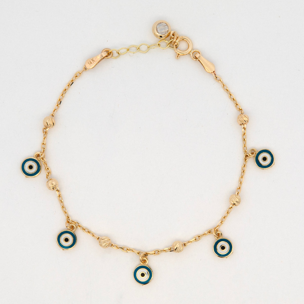 14K Yellow Gold Acrylic Evil Eye Station Charm Bracelet