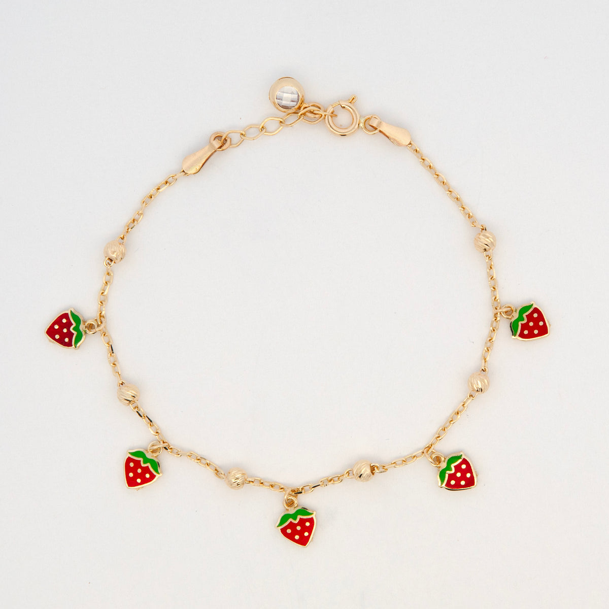 14K Yellow Gold Enamel Strawberry Station Charm Bracelet