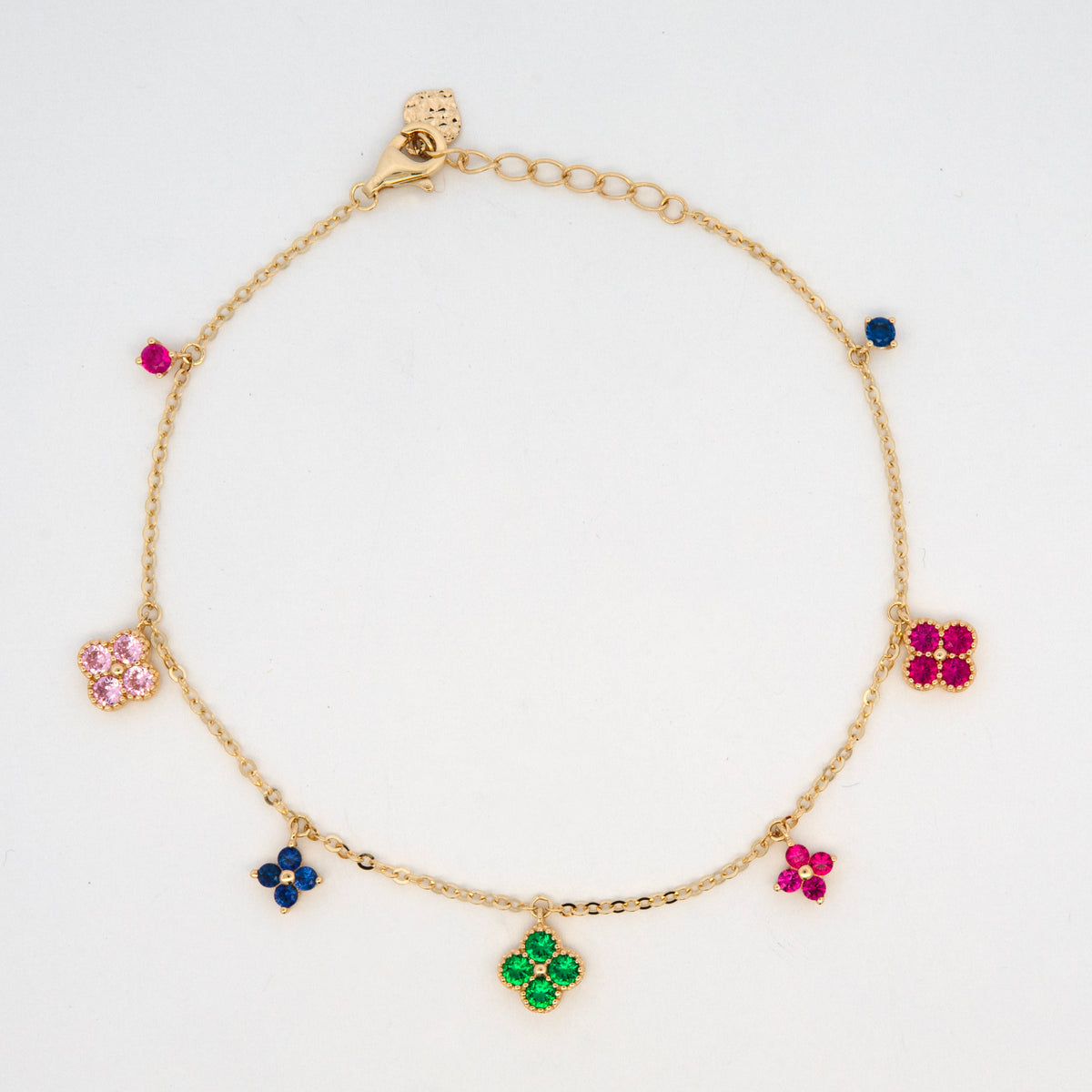 14K Yellow Gold Multi-Color CZ Clover Station Bracelet