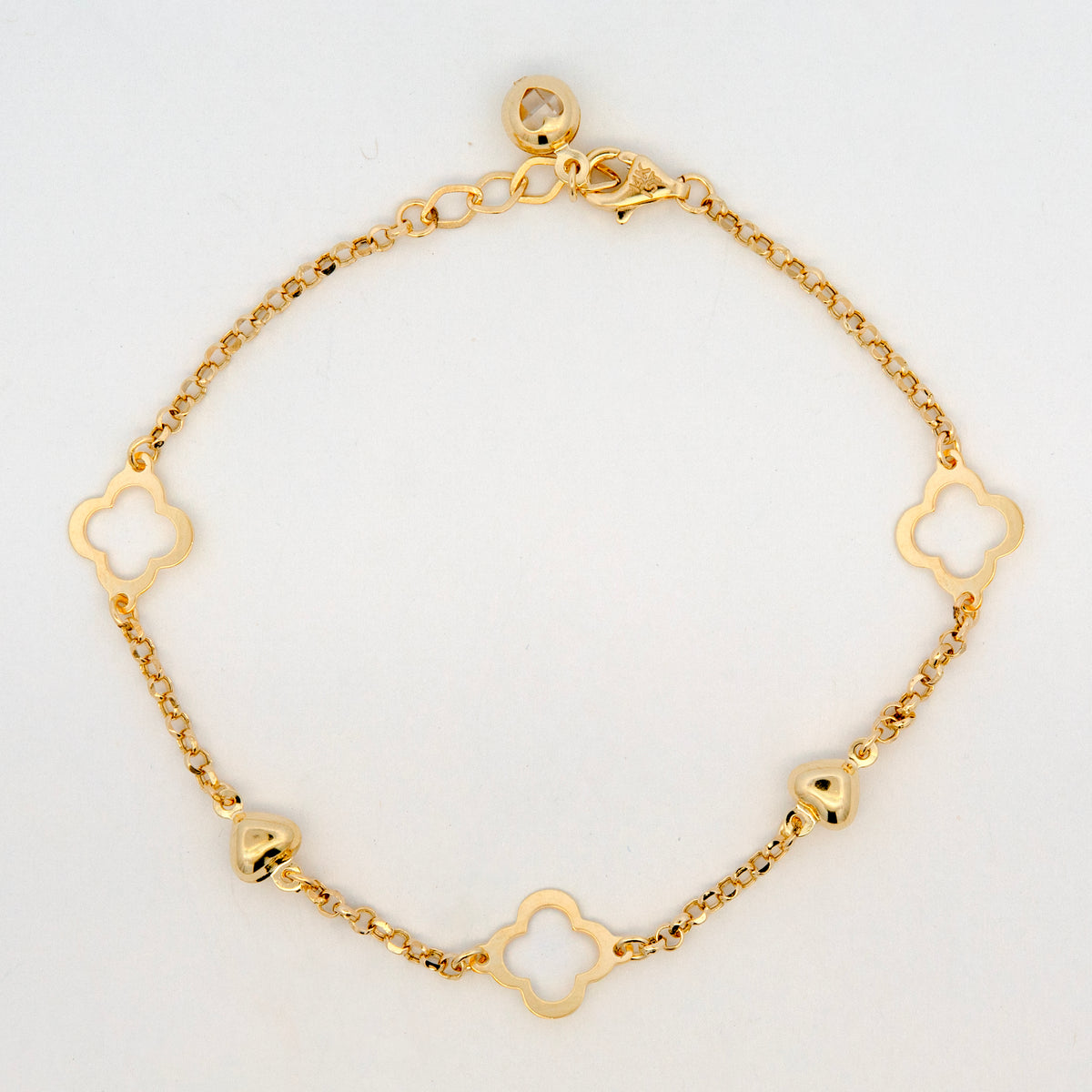 14K Yellow Gold Open Clover & Heart Station Bracelet