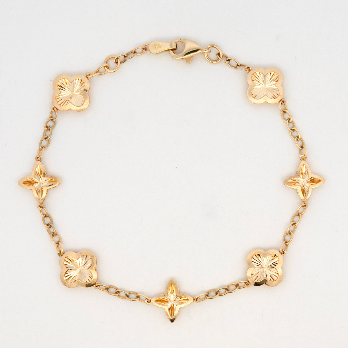 14K Yellow Gold Diamond-Cut Star & Clover Bracelet