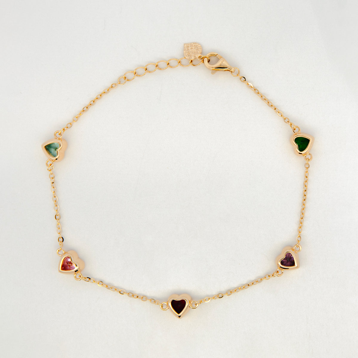 14K Yellow Gold Multi-Color CZ Heart Station Bracelet