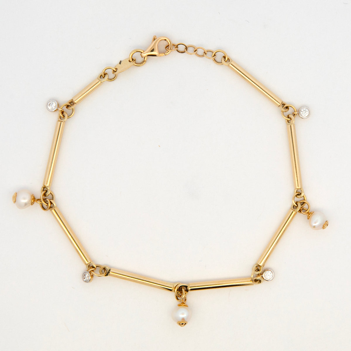 14K Yellow Gold Bar & Cultured Pearl Charm Bracelet