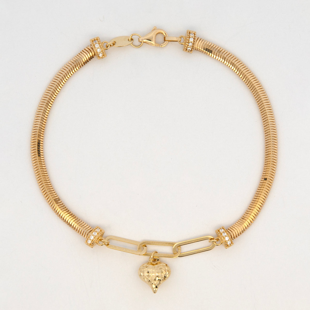 14K Yellow Gold Tubogas Heart Charm with CZ Bracelet