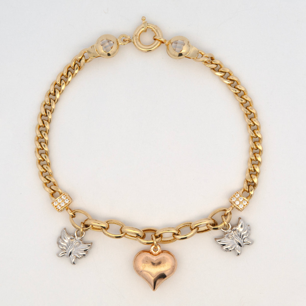 14K Tri-Color Gold Butterfly & Heart Mixed Link with CZ Bracelet