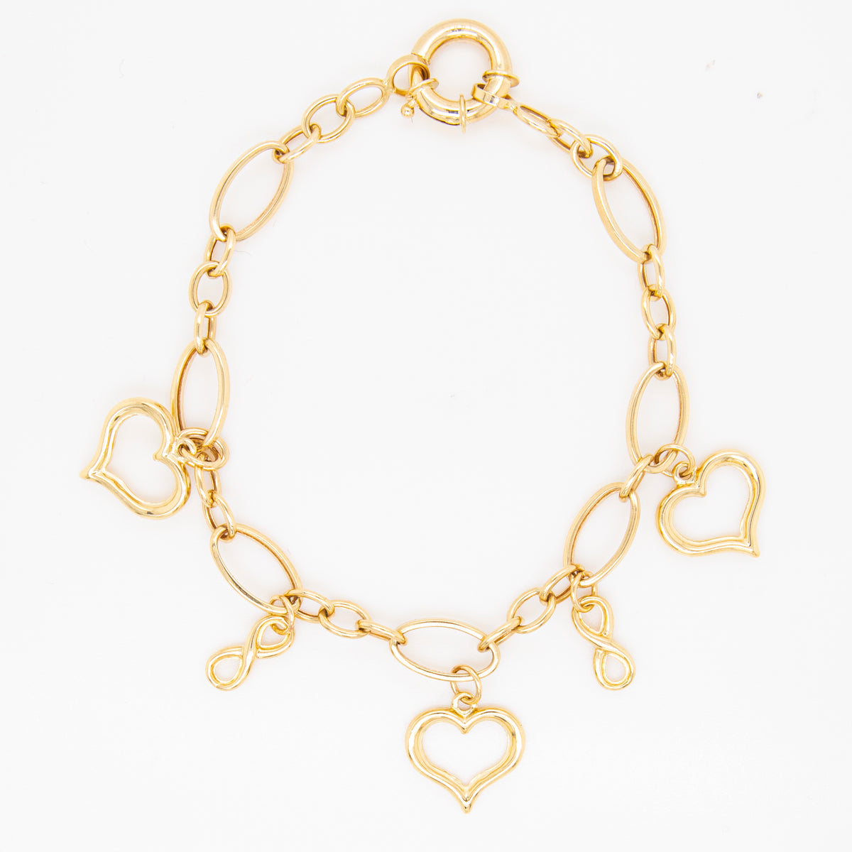14K Yellow Gold Heart & Infinity Charm Oval Link Bracelet
