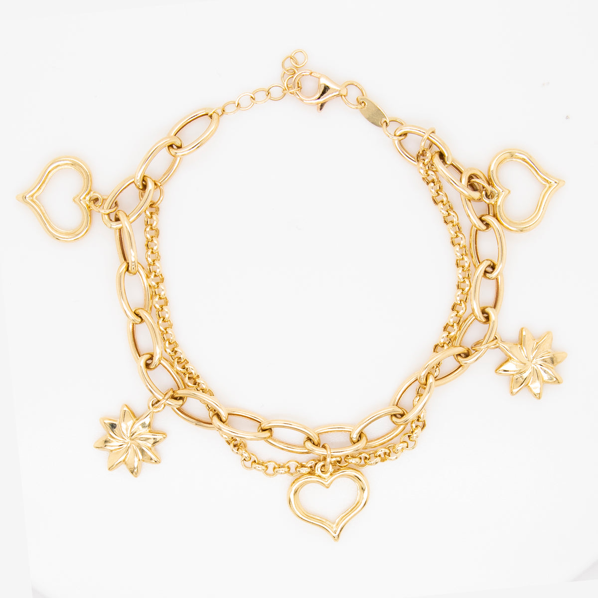 14K Yellow Gold Double-Link Heart & Star Charm Bracelet