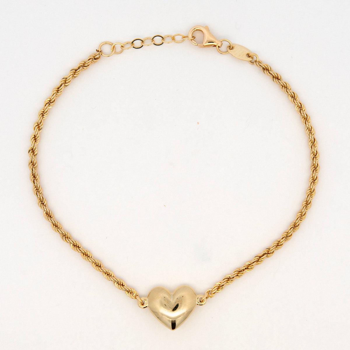 14K Yellow Gold Puffed Heart Rope Chain Bracelet