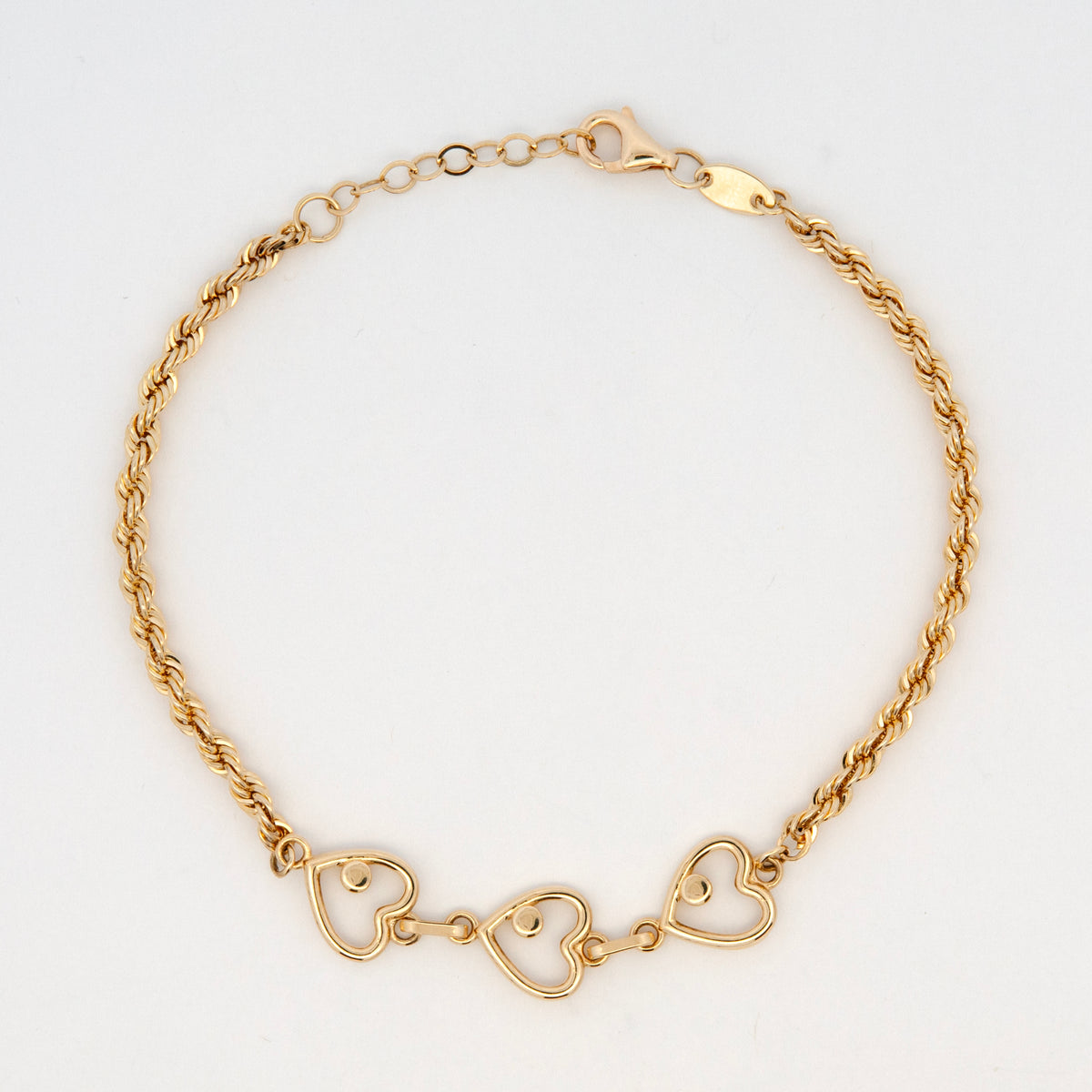 14K Yellow Gold Triple Heart Rope Chain Bracelet
