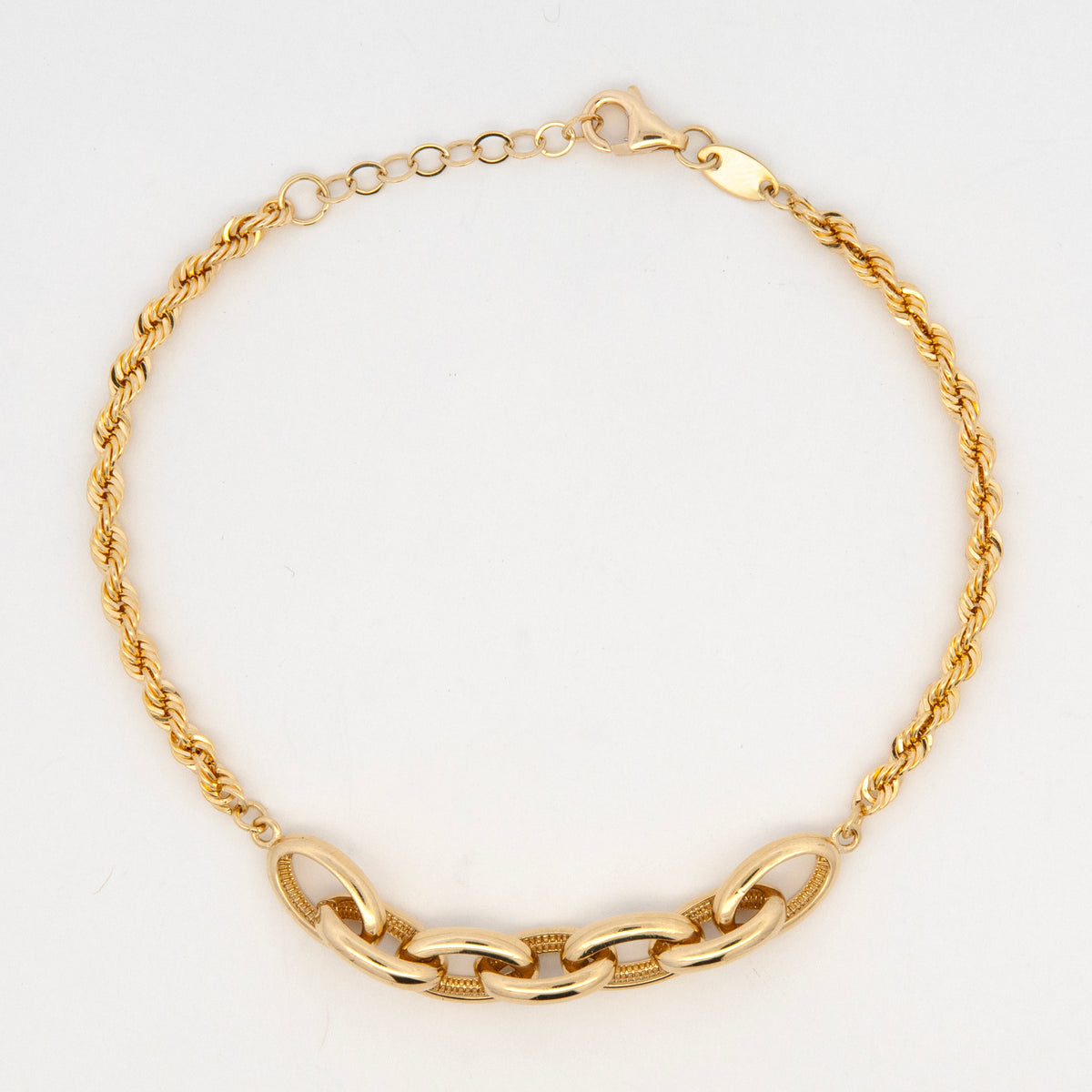 14K Yellow Gold Oval-Link & Rope Chain Bracelet