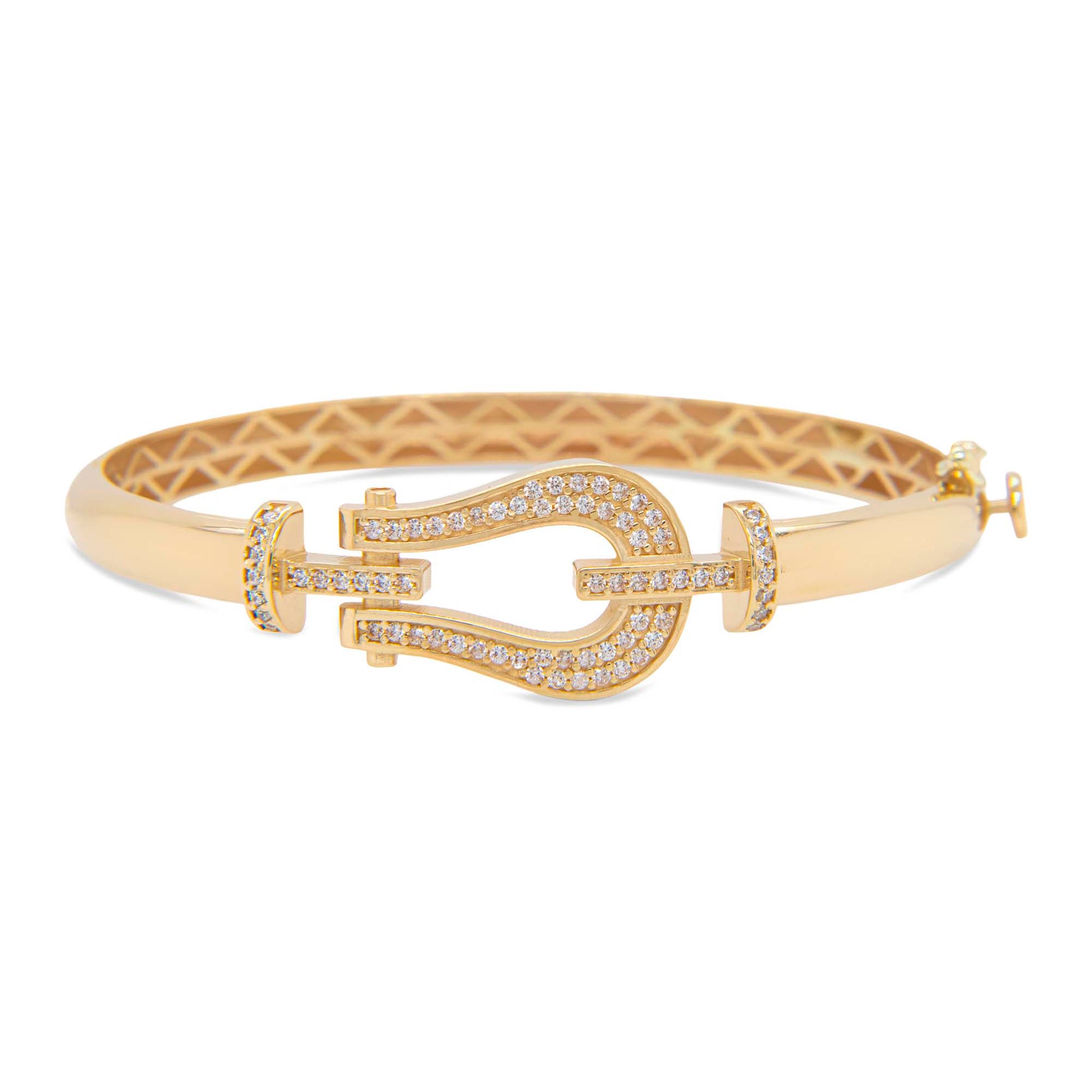 14K Yellow Gold Horseshoe Buckle with CZ Accents Bangle