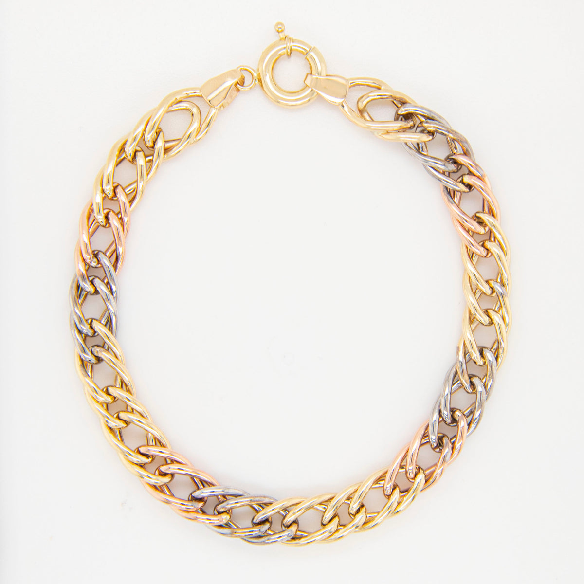 14K Tri Color Gold Oval Link Braided Bracelet 7in