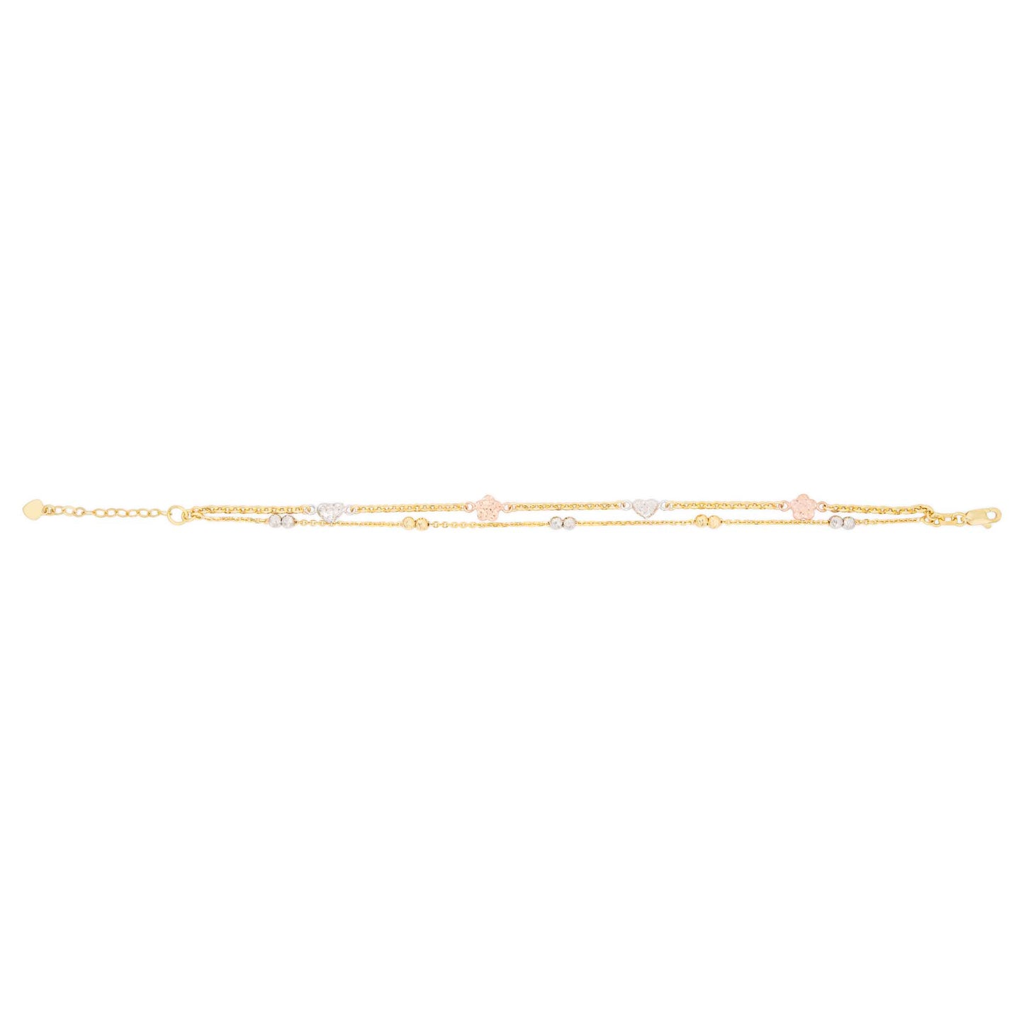 14k Tri Color Gold Flowers and Hearts Layered Bracelet