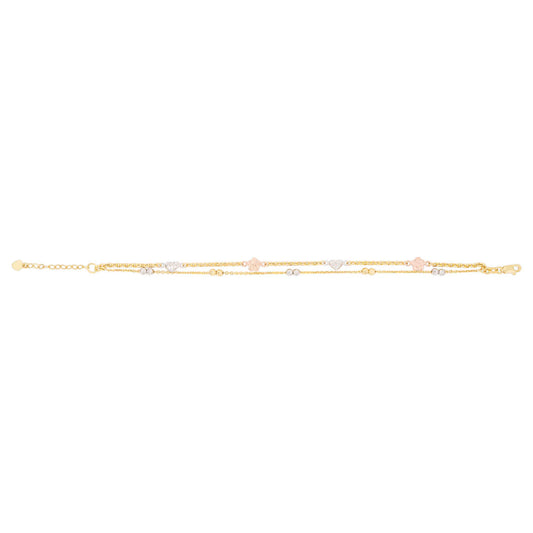 14k Tri Color Gold Flowers and Hearts Layered Bracelet