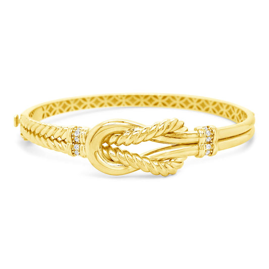 14K Yellow Gold Sleek & Textured Knot with CZ Accents Bangle