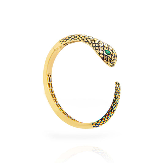 14K Yellow Gold Snake with Black Enamel and CZ Accents Open Cuff Bangle