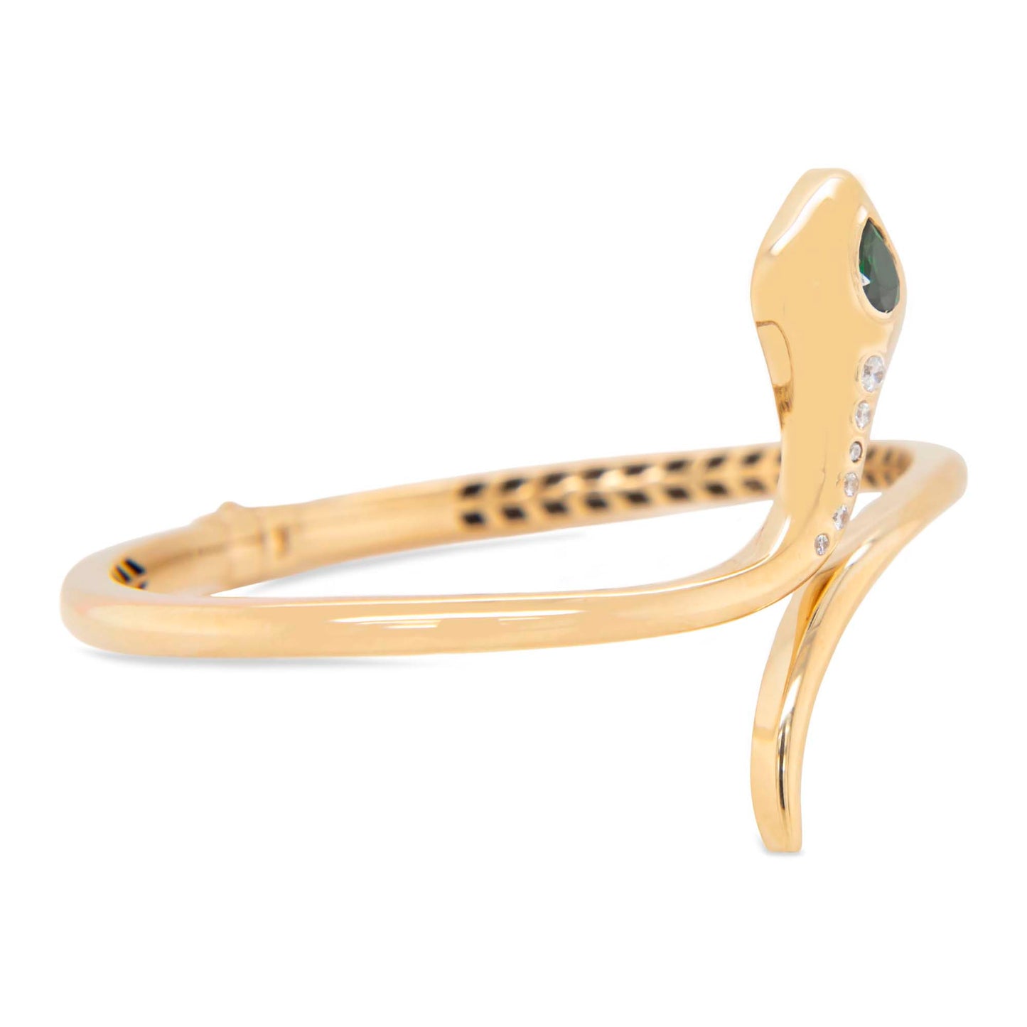 14K Yellow Gold Snake Green Eye CZ with CZ Accents Open Cuff Bangle