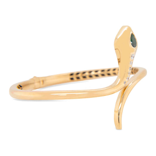 14K Yellow Gold Snake Green Eye CZ with CZ Accents Open Cuff Bangle