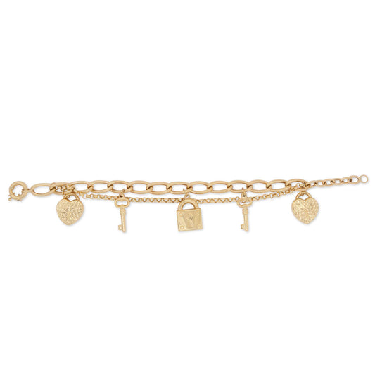 14k Yellow Gold Hearts, Key and Locks Chunky Bracelet