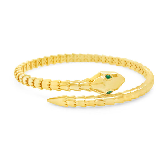 14K Yellow Gold Snake Scale Green Eye CZ Wrap Bangle