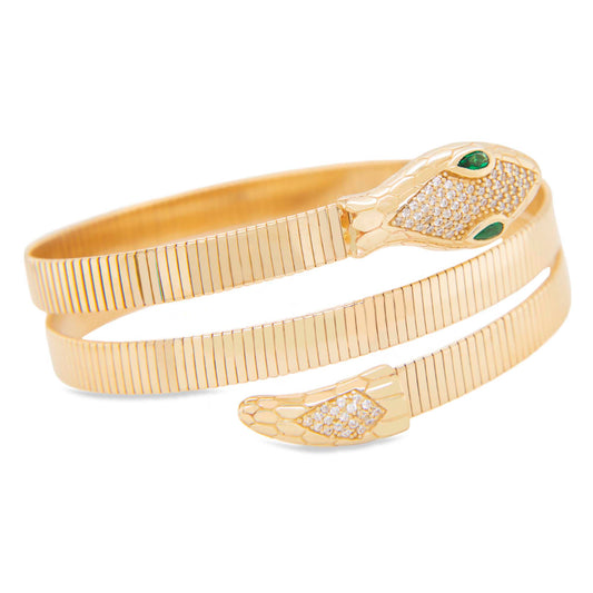 14K Yellow Gold Textured Snake Wrap CZ Bangle