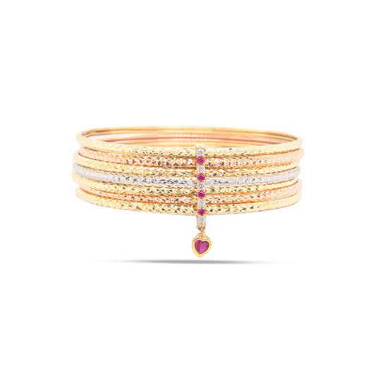 14K Tri-Color Semanario Textured Hot Pink CZ Heart Charm Bangle